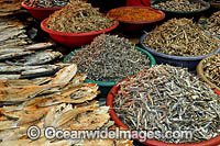 A mix of dried fish on display and ready for sale at a fish market, near Manado, North Sulawesi, Indonesia. Within the Coral Triangle.
