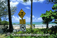 Dangerous Jellyfish warning sign erected on tropical beach. Port Douglas, North Queensland, Australia