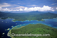 Aerial view of coastal islands and fringing Coral reefs. New Britain Island south coast, Papua New Guinea