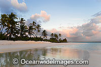 Tropical coconut palm fringed beach and crystal lagoon water at dawn. Cocos (Keeling) Islands, Indian Ocean, Australia