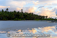 Tropical coconut palm beach and lagoon at sunset. Cocos (Keeling) Islands, Indian Ocean, Australia