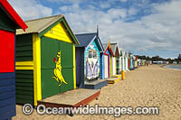 Brighton Beach famous bathing boxes, or boatsheds, situated on Brighton beach near Melbourne. Port Phillip Bay, Victoria, Australia.