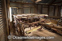 Old horse drawn dray wagon resting in the historic Kinchega Woolshed, situated in Kinchega National Park, near outback Menindee, New South Wales, Australia.