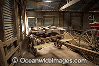 Old horse drawn dray wagon resting in the historic Kinchega Woolshed, situated in Kinchega National Park, near outback Menindee, New South Wales, Australia.