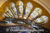 Stained glass window and stairs in the Queen Victoria building. Sydney, New South Wales, Australia