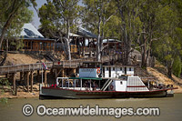 Historic wood fired paddlesteamer, PS Pevensbey, cruising down the Murray River at Echuca with historic wharf in background, Victoria, Australia.