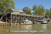Historic paddlesteamers, PS Adelaide and PS Pevensey, berthed on the Murray River at the historic Echuca Wharf. Echuca, New South Wales, Australia.
