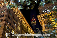 Historic GPO Building in Martin Place and Sydney Tower. Sydney, New South Wales, Australia.