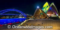 Sydney Opera House and Harbour Bridge decorated in video light during Vivid Sydney's 2017 festival of light, music and ideas. Sydney, New South Wales, Australia.