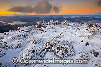 Sunset at Mount Wellington summit, cloaked in winter snow. Near Hobart, Tasmania, Australia.