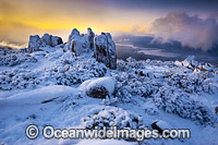Sunset at Mount Wellington summit, cloaked in winter snow. Near Hobart, Tasmania, Australia.