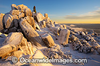 Sunrise at Mount Wellington summit, cloaked in winter snow. Near Hobart, Tasmania, Australia.