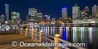 Brisbane City during evening twilight hour, viewed from South Bank, a popular tourist recreational area on the Brisbane River. Brisbane, Queensland, Australia.