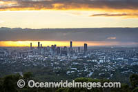 Brisbane City at sunrise, taken from Mt Coot-tha Lookout. Brisbane, Queensland, Australia.