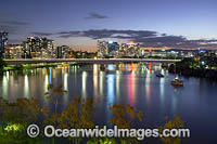 Brisbane River and City during dusk, looking at the Riverside Expressway Bridge. Brisbane, Queensland, Australia.