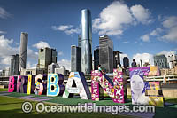 View of the Brisbane Sign and Brisbane City. South Bank, Brisbane, Queensland, Australia.