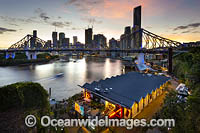 View overlooking Howard Smith Wharves and Brisbane River to the Story Bridge and Brisbane City during dusk. Brisbane, Queensland, Australia.