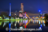 Cityscape of Melbourne City, viewed over the Yarra River at dusk. Melbourne, Victoria, Australia.