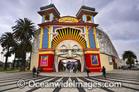The entrance to Melbourne's Luna Park. This historic amusement park opened in 1912 and is located on the foreshore of Port Phillip Bay in St Kilda, Melbourne, Victoria, Australia.