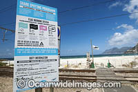 Beach Shark Spotters sightings board sign following a shark attack. Fish Hoek, South Africa.