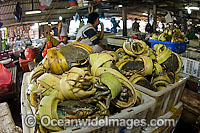 Cratefuls of crabs, wrapped in leaves, await buyers in one of Bali's fish markets. Bali, Indonesia