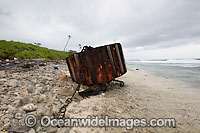 Vagrant mooring block, washed ashore by tidal movement on a remote tropical island beach. Cocos (Keeling) Islands, Indian Ocean, Australia