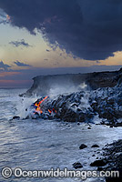 The Pahoehoe lava flowing from Kilauea Volcano has reached the Pacific Ocean near Kalapana, Big Island, Hawaii.