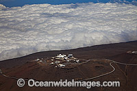 An aerial view of Science City above the clouds in Haleakala National Park, Maui's dormant volcano, Hawaii.