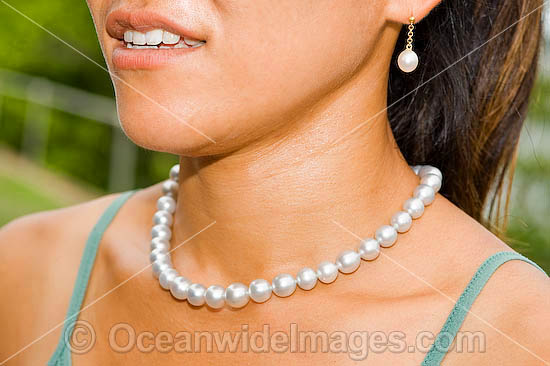 Woman wearing a string of spectacular cultured pearls collected from live Pearl Oyster (Pinctada maxima) at Kazu Pearl Farm. Friday Island, Torres Strait, Queensland, Australia Photo - Gary Bell