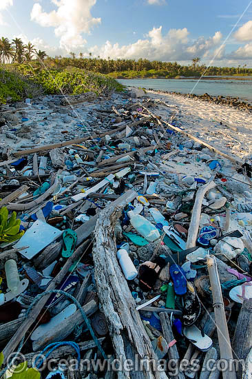 Marine pollution rubbish trash garbage comprising of plastic bottles, footwear, timber and fishing implements, washed ashore by tidal movement on a remote beach - probably drifting in from Indonesia. Cocos (Keeling) Islands, Indian Ocean, Australia. Photo - Gary Bell Marine pollution rubbish trash garbage comprising of plastic bottles, footwear, timber and fishing implements, washed ashore by tidal movement on a remote beach - probably drifting in from Indonesia. Cocos (Keeling) Islands, Indian Ocean, Australia. Photo - Gary Bell