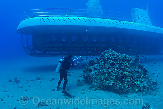 Diver (MR) filming an Atlantis submarine off the coast of Maui, Hawaii, Pacific Ocean, USA Photo - David Fleetham Diver (MR) filming an Atlantis submarine off the coast of Maui, Hawaii, Pacific Ocean, USA Photo - David Fleetham
