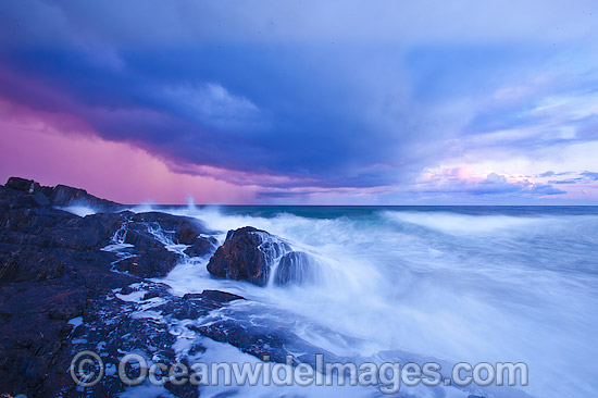 Coastal Seascape, showing a storm at sea approaching the coast at Dusk. Sawtell, New South Wales, Australia. Photo - Gary Bell
