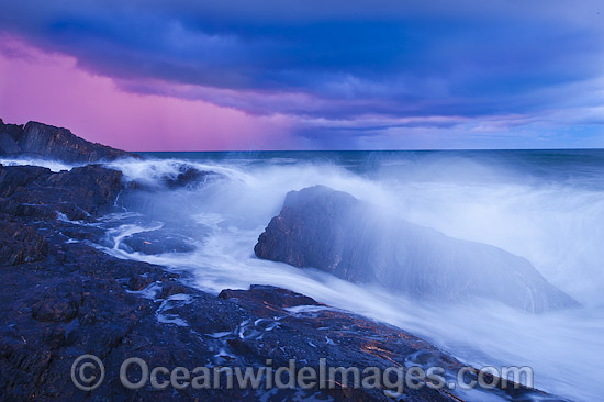 Coastal Seascape, showing a storm at sea approaching the coast at Dusk. Sawtell, New South Wales, Australia. Photo - Gary Bell
