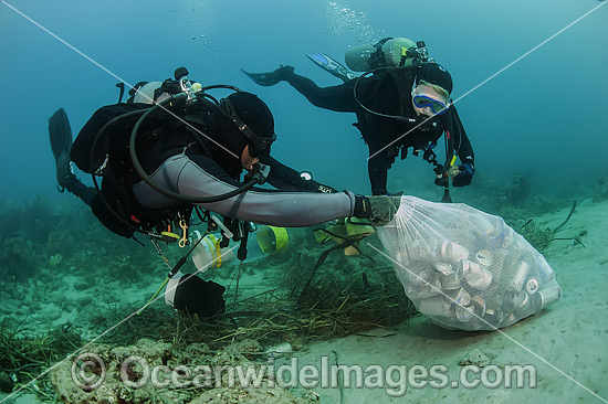 Scuba Diver picking up garbage off reef photo Scuba Diver picking up garbage off reef photo