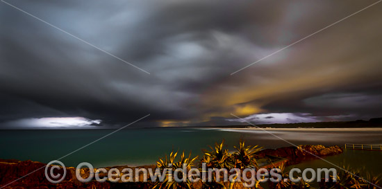 Storm passing over Sawtell Rock Pool and Bonville Beach during early evening. Sawtell, New South Wales, Australia. Photo - Gary Bell