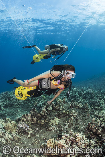 Divers with underwater scooters photo