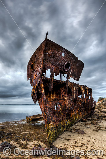 The remains of HMQS Gayundah Shipwreck. The Gayunday was the first warship in Australia to operate wireless telegraphy successfully. In 1958 the Gayundah was beached in its current location to serve as a breakwater. Queensland, Australia. Photo - Gary Bell