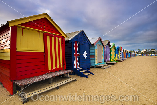 Brighton Beach famous bathing boxes, or boatsheds, situated on Brighton beach near Melbourne. Port Phillip Bay, Victoria, Australia. Photo - Gary Bell