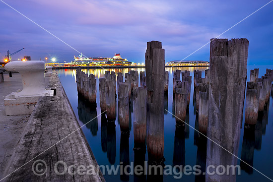Evening picture of the MS Spirit of Tasmania, docked at Station Pier, with the Historic Prince's Pier in the foreground. Port Phillip Bay, Victoria, Australia. Photo - Gary Bell
