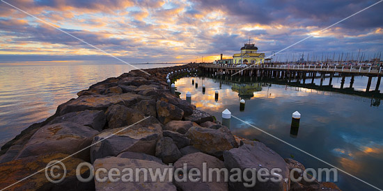 Sunset over the Historic St Kilda Pier and St Kilda Pavilion Kiosk, Port Phillip Bay. Melbourne, Victoria, Australia. Photo - Gary Bell Sunset over the Historic St Kilda Pier and St Kilda Pavilion Kiosk, Port Phillip Bay. Melbourne, Victoria, Australia. Photo - Gary Bell