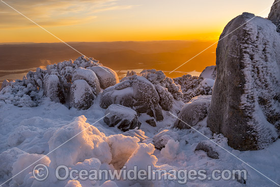 Sunrise at Mount Wellington summit, cloaked in winter snow. Near Hobart, Tasmania, Australia. Photo - Gary Bell