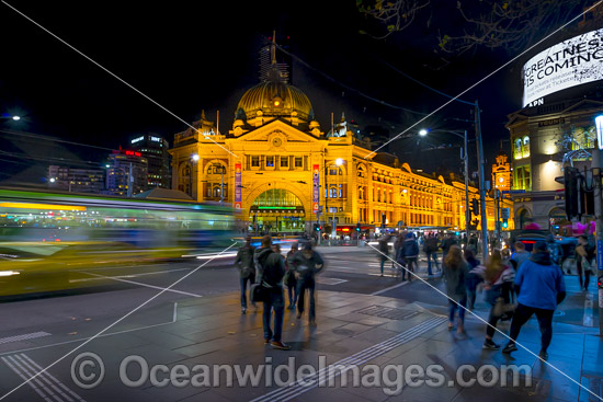 Flinders Street Railway station, on the corner of Flinders and Swanston Streets in Melbourne, Victoria, Australia. This Historic cultural icon of Melbourne was built in 1909. Photo - Gary Bell