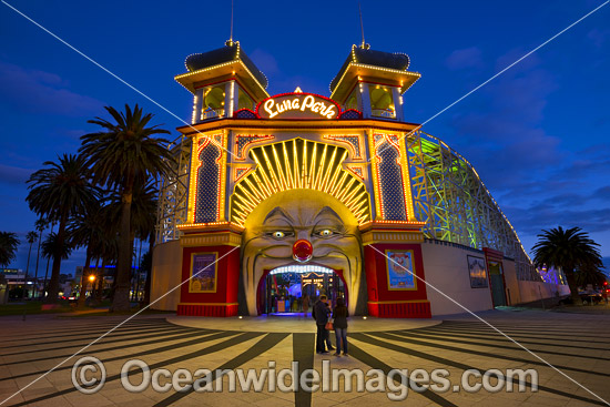 The entrance to Melbourne's Luna Park. This historic amusement park opened in 1912 and is located on the foreshore of Port Phillip Bay in St Kilda, Melbourne, Victoria, Aust Photo - Gary Bell