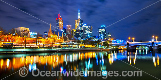 Cityscape of Melbourne City, viewed over the Yarra River from Southbank at dusk. Melbourne, Victoria, Australia. Photo - Gary Bell