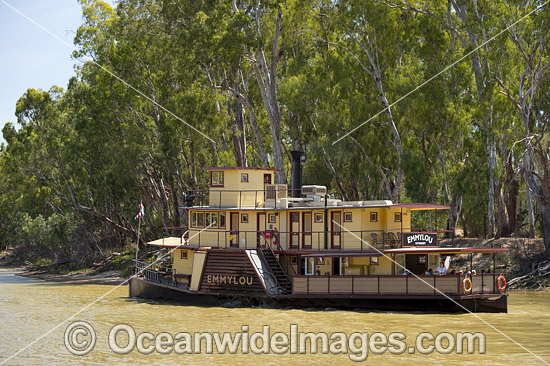 Historic wood fired paddlesteamer, PS Emmylou, cruising down the Murray River at Echuca, Victoria, Australia. Photo - Gary Bell Historic wood fired paddlesteamer, PS Emmylou, cruising down the Murray River at Echuca, Victoria, Australia. Photo - Gary Bell