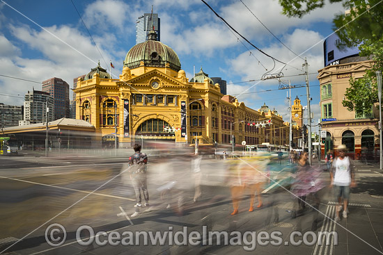 Flinders Street Railway station, on the corner of Flinders and Swanston Streets in Melbourne, Victoria, Australia. This Historic cultural icon of Melbourne was built in 1909. Photo - Gary Bell