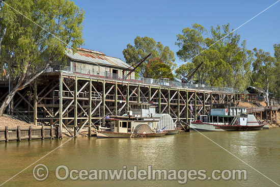 Historic paddlesteamers, PS Adelaide and PS Pevensey, berthed on the Murray River at the historic Echuca Wharf. Echuca, New South Wales, Australia. Photo - Gary Bell Historic paddlesteamers, PS Adelaide and PS Pevensey, berthed on the Murray River at the historic Echuca Wharf. Echuca, New South Wales, Australia. Photo - Gary Bell