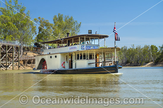 Historic paddlesteamer, PS Canberra, cruising the Murray River after departing the historic Echuca Wharf, Echuca, New South Wales, Australia. Photo - Gary Bell