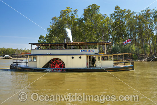 Historic wood fired paddlesteamer, PS Canberra, cruising down the Murray River at Echuca, Victoria, Australia. Photo - Gary Bell Historic wood fired paddlesteamer, PS Canberra, cruising down the Murray River at Echuca, Victoria, Australia. Photo - Gary Bell