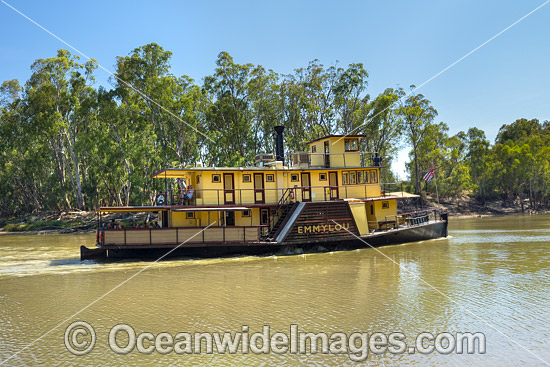 Historic wood fired paddlesteamer, PS Emmylou, cruising down the Murray River at Echuca, Victoria, Australia. Photo - Gary Bell Historic wood fired paddlesteamer, PS Emmylou, cruising down the Murray River at Echuca, Victoria, Australia. Photo - Gary Bell